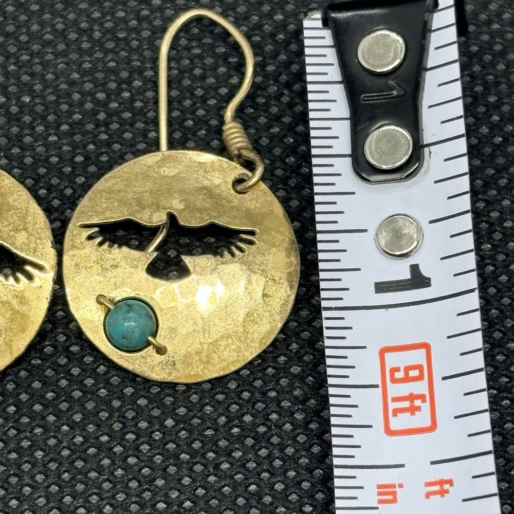 Wild Bryde Bird Turquoise Earrings Dangle Gold Tone Hawk Etched - Picture 6 of 6